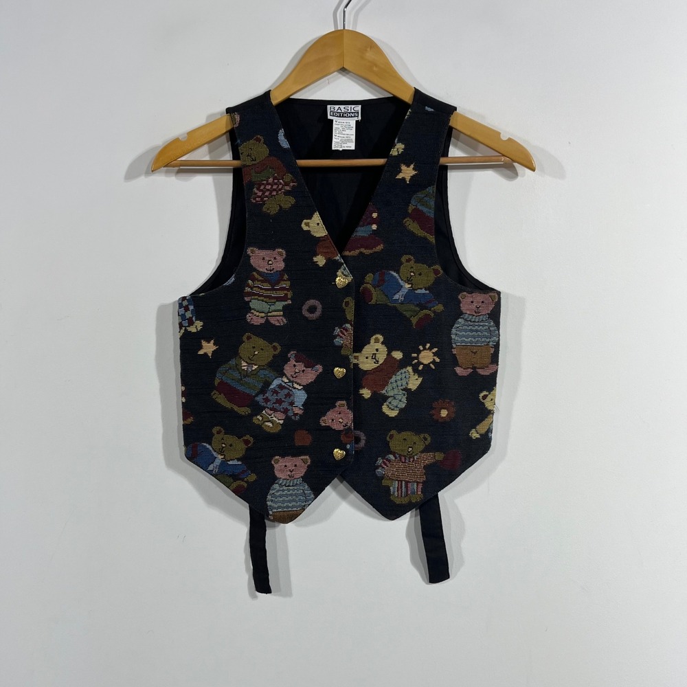 VTG 90s Folk Arsty Basic Editions Teddy Bear Tapestry Vest Heart Buttons Medium